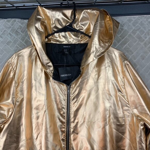 Forever 21 Womens 2X Jacket Black Gold Metallic Hooded Lightweight - Picture 2 of 15